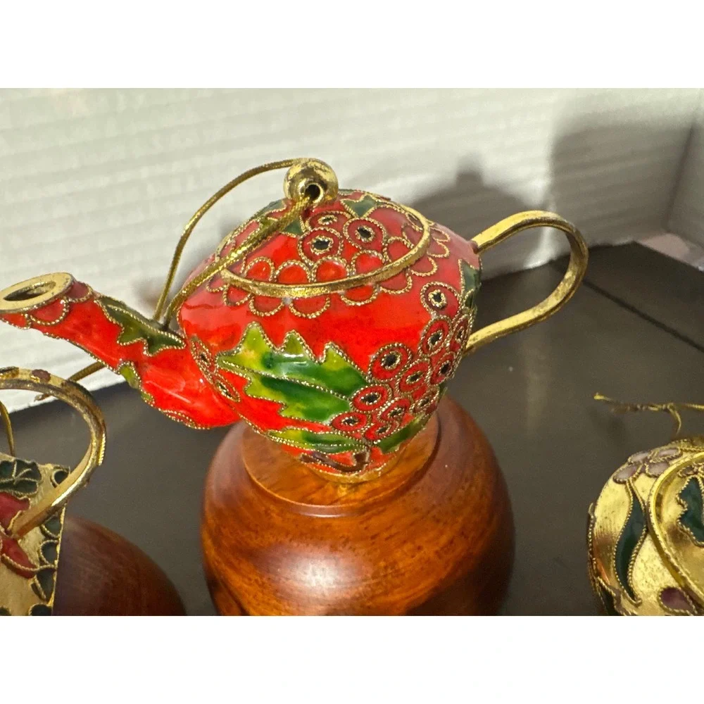 Cloisonne Enamel Teapot Christmas Ornaments Gold Poinsettia Holly Floral Set-5